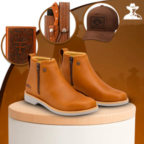 Kit Bota Zavick em Couro Legítimo e Palmilha Ortopédica +BRINDES: Boné, Cinto e Bainha com Faca
